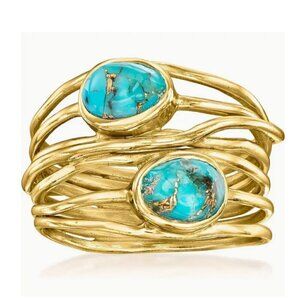 18K Gold-Plated Synthetic Turquoise Ring, Wide Crossed Design, size 7